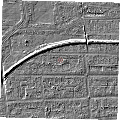 Shaded relief map of the ground around HU53DE, computed from Environment Agency LiDAR. The ground here sits at about 2 m above sea level and falls 8 m across the surrounding 800 m. Surface water reaching this point runs off ground lying to the west-south-west, 1.7 m higher.