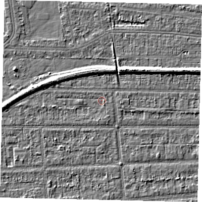 Shaded relief map of the ground around HU53DF, computed from Environment Agency LiDAR. The ground here sits at about 2 m above sea level and falls 6 m across the surrounding 800 m. Surface water reaching this point runs off ground lying to the south-south-east, 1.0 m higher.