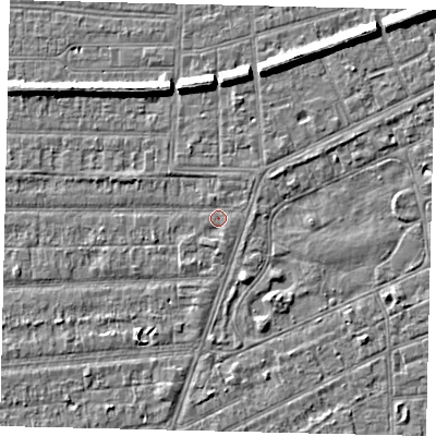 Shaded relief map of the ground around HU53DJ, computed from Environment Agency LiDAR. The ground here sits at about 2 m above sea level and falls 7 m across the surrounding 800 m. Surface water reaching this point runs off ground lying to the north-east, 0.8 m higher.