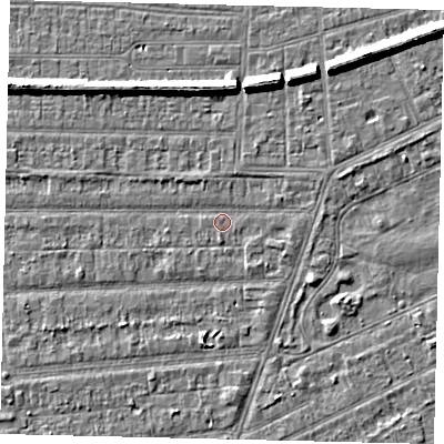 Shaded relief map of the ground around HU53DN, computed from Environment Agency LiDAR. The ground here sits at about 2 m above sea level and falls 7 m across the surrounding 800 m. Surface water reaching this point runs off ground lying to the north-north-west, 1.1 m higher.