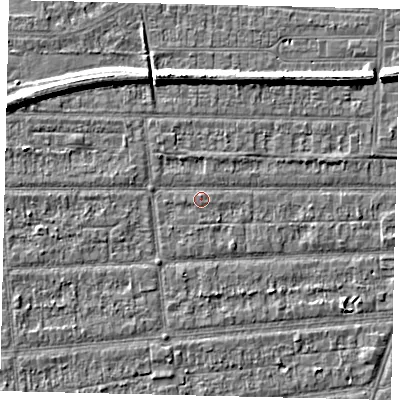 Shaded relief map of the ground around HU53DP, computed from Environment Agency LiDAR. The ground here sits at about 2 m above sea level and falls 6 m across the surrounding 800 m. Surface water reaching this point runs off ground lying to the west, 1.4 m higher.