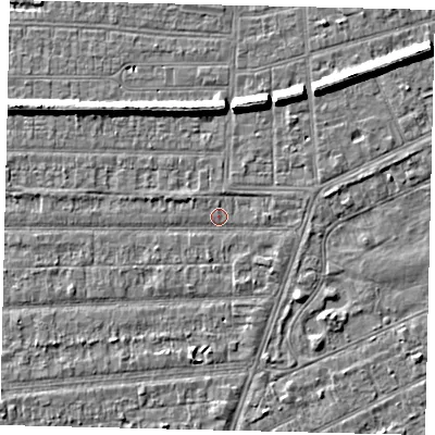 Shaded relief map of the ground around HU53DR, computed from Environment Agency LiDAR. The ground here sits at about 2 m above sea level and falls 7 m across the surrounding 800 m. Surface water reaching this point runs off ground lying to the north-west, 1.1 m higher.
