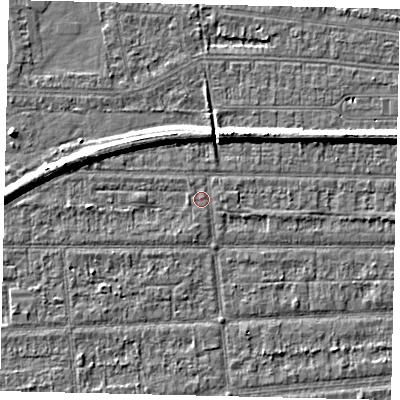 Shaded relief map of the ground around HU53DU, computed from Environment Agency LiDAR. The ground here sits at about 2 m above sea level and falls 6 m across the surrounding 800 m. Surface water reaching this point runs off ground lying to the west-south-west, 0.6 m higher.