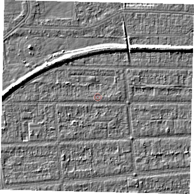 Shaded relief map of the ground around HU53DY, computed from Environment Agency LiDAR. The ground here sits at about 2 m above sea level and falls 6 m across the surrounding 800 m. Surface water reaching this point runs off ground lying to the west-south-west, 1.3 m higher.