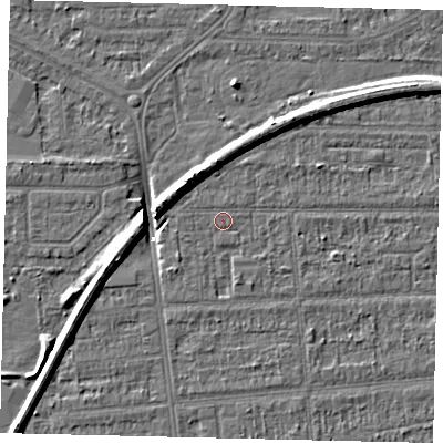 Shaded relief map of the ground around HU53EB, computed from Environment Agency LiDAR. The ground here sits at about 2 m above sea level and falls 8 m across the surrounding 800 m. The ground contributing surface water to this point lies to the north-north-east.