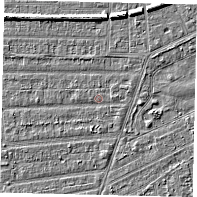 Shaded relief map of the ground around HU53ER, computed from Environment Agency LiDAR. The ground here sits at about 2 m above sea level and falls 6 m across the surrounding 800 m. Surface water reaching this point runs off ground lying to the south-south-east, 1.9 m higher.