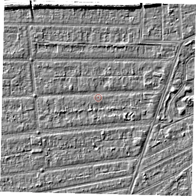 Shaded relief map of the ground around HU53EW, computed from Environment Agency LiDAR. The ground here sits at about 2 m above sea level and falls 6 m across the surrounding 800 m. Surface water reaching this point runs off ground lying to the south-east, 1.8 m higher.