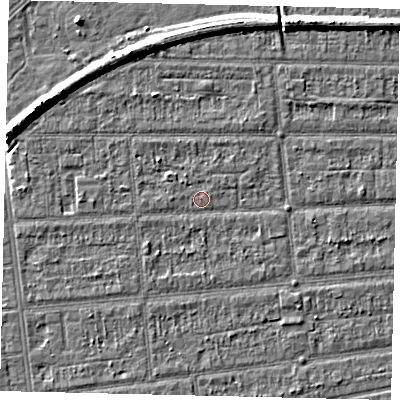 Shaded relief map of the ground around HU53EY, computed from Environment Agency LiDAR. The ground here sits at about 2 m above sea level and falls 7 m across the surrounding 800 m. Surface water reaching this point runs off ground lying to the north-west, 0.8 m higher.
