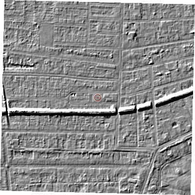 Shaded relief map of the ground around HU53FB, computed from Environment Agency LiDAR. The ground here sits at about 2 m above sea level and falls 7 m across the surrounding 800 m. Surface water reaching this point runs off ground lying to the north, 1.0 m higher.