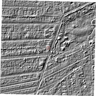 Shaded relief map of the ground around HU53HH, computed from Environment Agency LiDAR. The ground here sits at about 2 m above sea level and falls 2 m across the surrounding 800 m. Surface water reaching this point runs off ground lying to the north-north-east, 0.7 m higher.