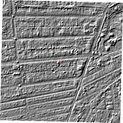 Shaded relief map of the ground around HU53HN, computed from Environment Agency LiDAR. The ground here sits at about 2 m above sea level and falls 2 m across the surrounding 800 m. Surface water reaching this point runs off ground lying to the west, 1.3 m higher.