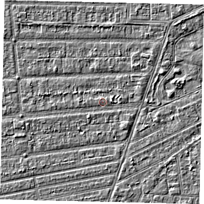 Shaded relief map of the ground around HU53HR, computed from Environment Agency LiDAR. The ground here sits at about 2 m above sea level and falls 2 m across the surrounding 800 m. Surface water reaching this point runs off ground lying to the west, 0.6 m higher.
