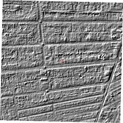 Shaded relief map of the ground around HU53HS, computed from Environment Agency LiDAR. The ground here sits at about 2 m above sea level and falls 2 m across the surrounding 800 m. Surface water reaching this point runs off ground lying to the west, 0.8 m higher.