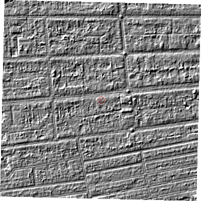 Shaded relief map of the ground around HU53HT, computed from Environment Agency LiDAR. The ground here sits at about 2 m above sea level and falls 4 m across the surrounding 800 m. Surface water reaching this point runs off ground lying to the east, 0.7 m higher.