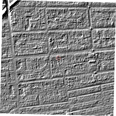Shaded relief map of the ground around HU53HU, computed from Environment Agency LiDAR. The ground here sits at about 2 m above sea level and falls 7 m across the surrounding 800 m. Surface water reaching this point runs off ground lying to the east-north-east, 0.9 m higher.