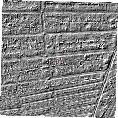 Shaded relief map of the ground around HU53HW, computed from Environment Agency LiDAR. The ground here sits at about 3 m above sea level and falls 2 m across the surrounding 800 m. Surface water reaching this point runs off ground lying to the north-east, 0.6 m higher.