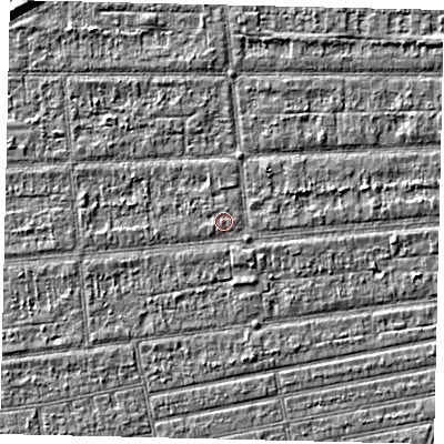 Shaded relief map of the ground around HU53HY, computed from Environment Agency LiDAR. The ground here sits at about 2 m above sea level and falls 5 m across the surrounding 800 m. Surface water reaching this point runs off ground lying to the west-south-west, 0.7 m higher.