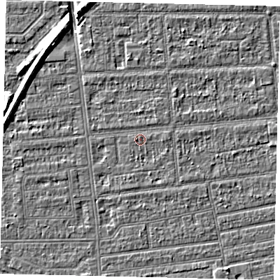 Shaded relief map of the ground around HU53JA, computed from Environment Agency LiDAR. The ground here sits at about 2 m above sea level and falls 7 m across the surrounding 800 m. Surface water reaching this point runs off ground lying to the east, 0.7 m higher.