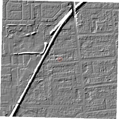 Shaded relief map of the ground around HU53JD, computed from Environment Agency LiDAR. The ground here sits at about 2 m above sea level and falls 8 m across the surrounding 800 m. Surface water reaching this point runs off ground lying to the west, 0.5 m higher.