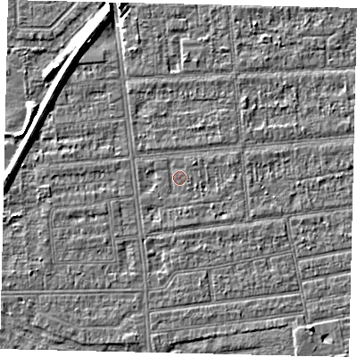 Shaded relief map of the ground around HU53JF, computed from Environment Agency LiDAR. The ground here sits at about 2 m above sea level and falls 7 m across the surrounding 800 m. Surface water reaching this point runs off ground lying to the east-north-east, 1.1 m higher.