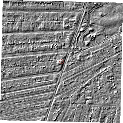 Shaded relief map of the ground around HU53JL, computed from Environment Agency LiDAR. The ground here sits at about 3 m above sea level and falls 2 m across the surrounding 800 m. Surface water reaching this point runs off ground lying to the north-east, 2.1 m higher.