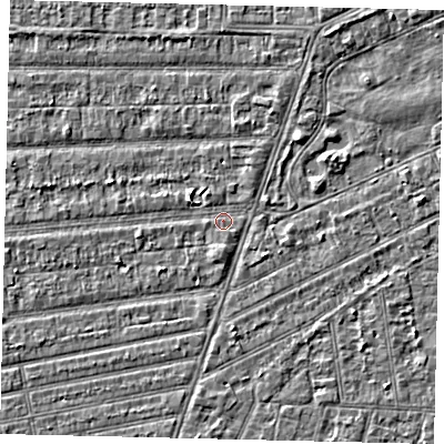 Shaded relief map of the ground around HU53JN, computed from Environment Agency LiDAR. The ground here sits at about 2 m above sea level and falls 2 m across the surrounding 800 m. Surface water reaching this point runs off ground lying to the north-east, 2.1 m higher.