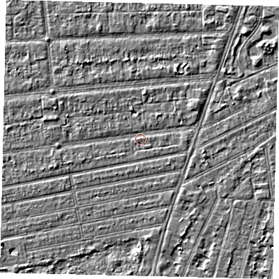 Shaded relief map of the ground around HU53JP, computed from Environment Agency LiDAR. The ground here sits at about 2 m above sea level and falls 2 m across the surrounding 800 m. Surface water reaching this point runs off ground lying to the west-north-west, 1.3 m higher.