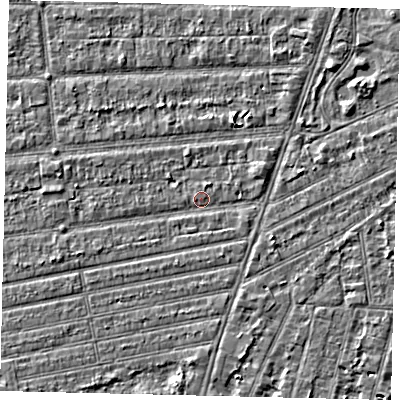 Shaded relief map of the ground around HU53JS, computed from Environment Agency LiDAR. The ground here sits at about 2 m above sea level and falls 2 m across the surrounding 800 m. Surface water reaching this point runs off ground lying to the west, 1.3 m higher.