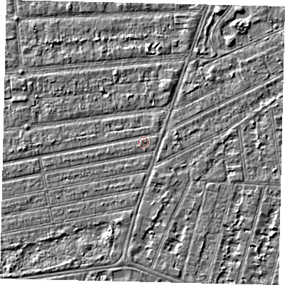 Shaded relief map of the ground around HU53LH, computed from Environment Agency LiDAR. The ground here sits at about 2 m above sea level and falls 2 m across the surrounding 800 m. Surface water reaching this point runs off ground lying to the south-south-west, 0.7 m higher.