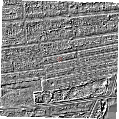 Shaded relief map of the ground around HU53LT, computed from Environment Agency LiDAR. The ground here sits at about 2 m above sea level and falls 4 m across the surrounding 800 m. Surface water reaching this point runs off ground lying to the east-north-east, 1.0 m higher.