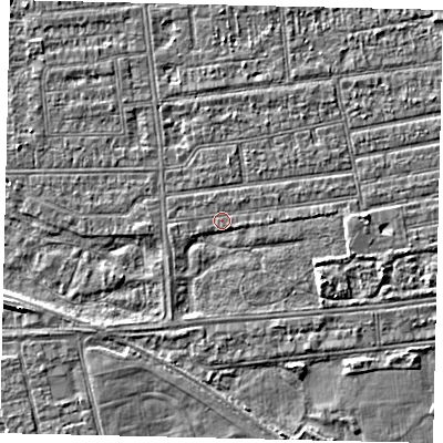 Shaded relief map of the ground around HU53LZ, computed from Environment Agency LiDAR. The ground here sits at about 2 m above sea level and falls 3 m across the surrounding 800 m. Surface water reaching this point runs off ground lying to the east-south-east, 2.5 m higher.