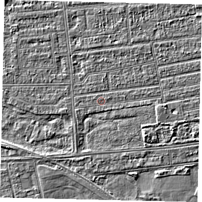Shaded relief map of the ground around HU53NA, computed from Environment Agency LiDAR. The ground here sits at about 2 m above sea level and falls 4 m across the surrounding 800 m. Surface water reaching this point runs off ground lying to the east, 0.6 m higher.