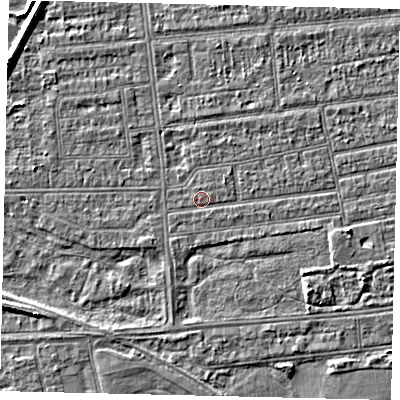 Shaded relief map of the ground around HU53NB, computed from Environment Agency LiDAR. The ground here sits at about 2 m above sea level and falls 4 m across the surrounding 800 m. Surface water reaching this point runs off ground lying to the south-east, 2.5 m higher.
