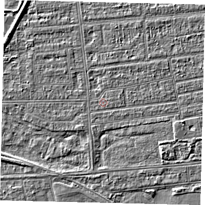 Shaded relief map of the ground around HU53ND, computed from Environment Agency LiDAR. The ground here sits at about 2 m above sea level and falls 4 m across the surrounding 800 m. The ground contributing surface water to this point lies to the east-north-east.