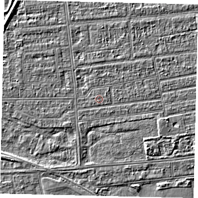 Shaded relief map of the ground around HU53NE, computed from Environment Agency LiDAR. The ground here sits at about 2 m above sea level and falls 4 m across the surrounding 800 m. The ground contributing surface water to this point lies to the north-east.