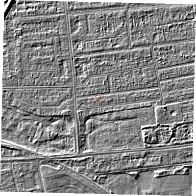 Shaded relief map of the ground around HU53NF, computed from Environment Agency LiDAR. The ground here sits at about 2 m above sea level and falls 4 m across the surrounding 800 m. Surface water reaching this point runs off ground lying to the east, 1.9 m higher.