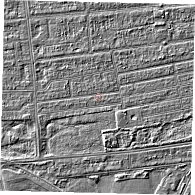 Shaded relief map of the ground around HU53NG, computed from Environment Agency LiDAR. The ground here sits at about 2 m above sea level and falls 3 m across the surrounding 800 m. Surface water reaching this point runs off ground lying to the east-south-east, 1.9 m higher.
