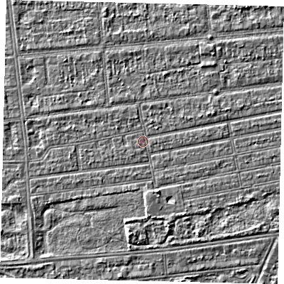 Shaded relief map of the ground around HU53NH, computed from Environment Agency LiDAR. The ground here sits at about 2 m above sea level and falls 3 m across the surrounding 800 m. Surface water reaching this point runs off ground lying to the east-north-east, 0.9 m higher.