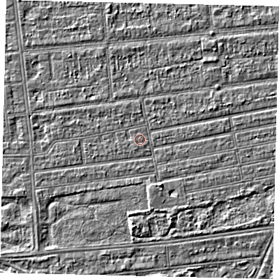 Shaded relief map of the ground around HU53NJ, computed from Environment Agency LiDAR. The ground here sits at about 2 m above sea level and falls 3 m across the surrounding 800 m. The ground contributing surface water to this point lies to the west-south-west.
