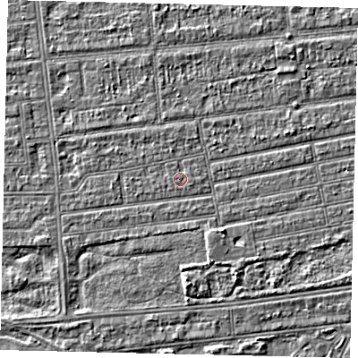 Shaded relief map of the ground around HU53NN, computed from Environment Agency LiDAR. The ground here sits at about 2 m above sea level and falls 3 m across the surrounding 800 m. Surface water reaching this point runs off ground lying to the east, 0.6 m higher.