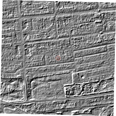 Shaded relief map of the ground around HU53NP, computed from Environment Agency LiDAR. The ground here sits at about 2 m above sea level and falls 3 m across the surrounding 800 m. The ground contributing surface water to this point lies to the south-east.