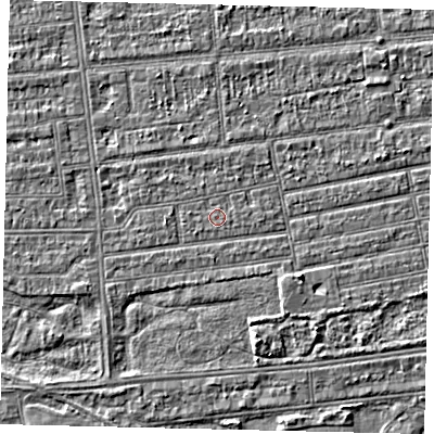 Shaded relief map of the ground around HU53NR, computed from Environment Agency LiDAR. The ground here sits at about 2 m above sea level and falls 3 m across the surrounding 800 m. The ground contributing surface water to this point lies to the west.