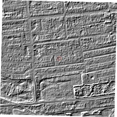 Shaded relief map of the ground around HU53NT, computed from Environment Agency LiDAR. The ground here sits at about 2 m above sea level and falls 3 m across the surrounding 800 m. The ground contributing surface water to this point lies to the north-west.