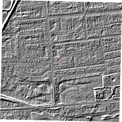 Shaded relief map of the ground around HU53NU, computed from Environment Agency LiDAR. The ground here sits at about 2 m above sea level and falls 4 m across the surrounding 800 m. Surface water reaching this point runs off ground lying to the north-north-east, 0.8 m higher.
