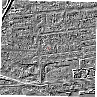 Shaded relief map of the ground around HU53NY, computed from Environment Agency LiDAR. The ground here sits at about 2 m above sea level and falls 4 m across the surrounding 800 m. The ground contributing surface water to this point lies to the south-west.