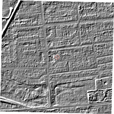 Shaded relief map of the ground around HU53PA, computed from Environment Agency LiDAR. The ground here sits at about 2 m above sea level and falls 5 m across the surrounding 800 m. Surface water reaching this point runs off ground lying to the south-east, 2.5 m higher.