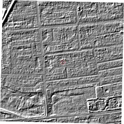 Shaded relief map of the ground around HU53PB, computed from Environment Agency LiDAR. The ground here sits at about 2 m above sea level and falls 5 m across the surrounding 800 m. Surface water reaching this point runs off ground lying to the north-west, 0.7 m higher.