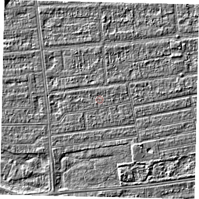 Shaded relief map of the ground around HU53PG, computed from Environment Agency LiDAR. The ground here sits at about 2 m above sea level and falls 4 m across the surrounding 800 m. Surface water reaching this point runs off ground lying to the north-north-west, 0.6 m higher.