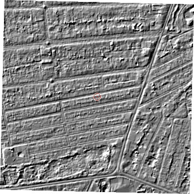Shaded relief map of the ground around HU53PR, computed from Environment Agency LiDAR. The ground here sits at about 2 m above sea level and falls 3 m across the surrounding 800 m. Surface water reaching this point runs off ground lying to the east, 0.7 m higher.