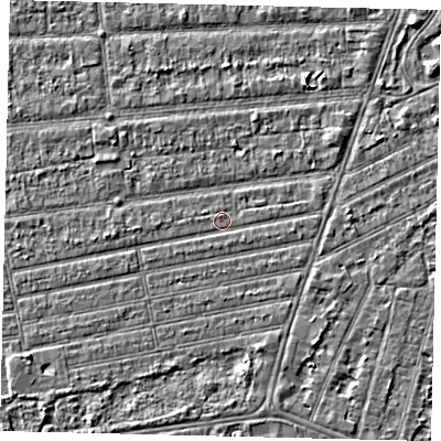 Shaded relief map of the ground around HU53PS, computed from Environment Agency LiDAR. The ground here sits at about 2 m above sea level and falls 2 m across the surrounding 800 m. Surface water reaching this point runs off ground lying to the east, 0.7 m higher.